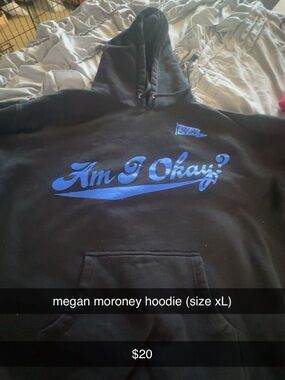 Black Hoodie with Blue 'Am I Okay?' Graphic - Megan Moroney Style